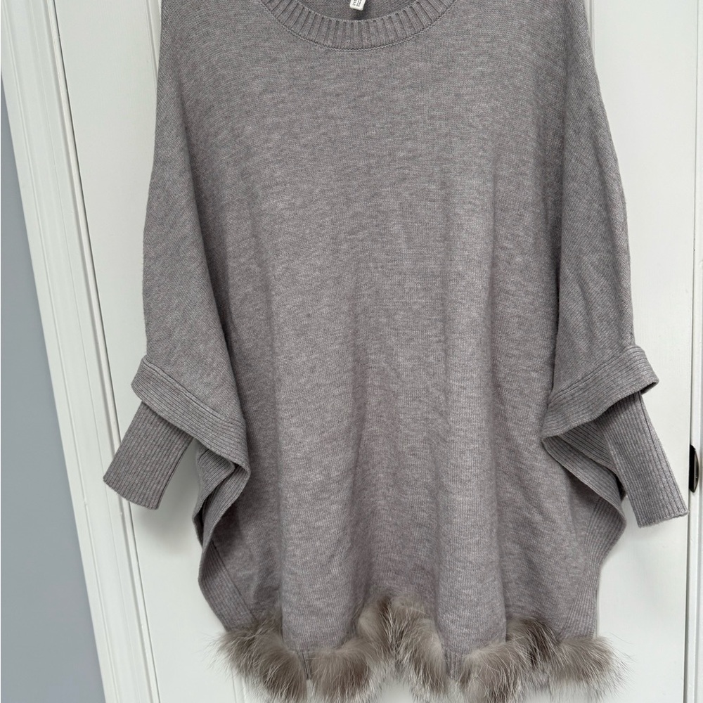 Gray Poncho with Fur Trim